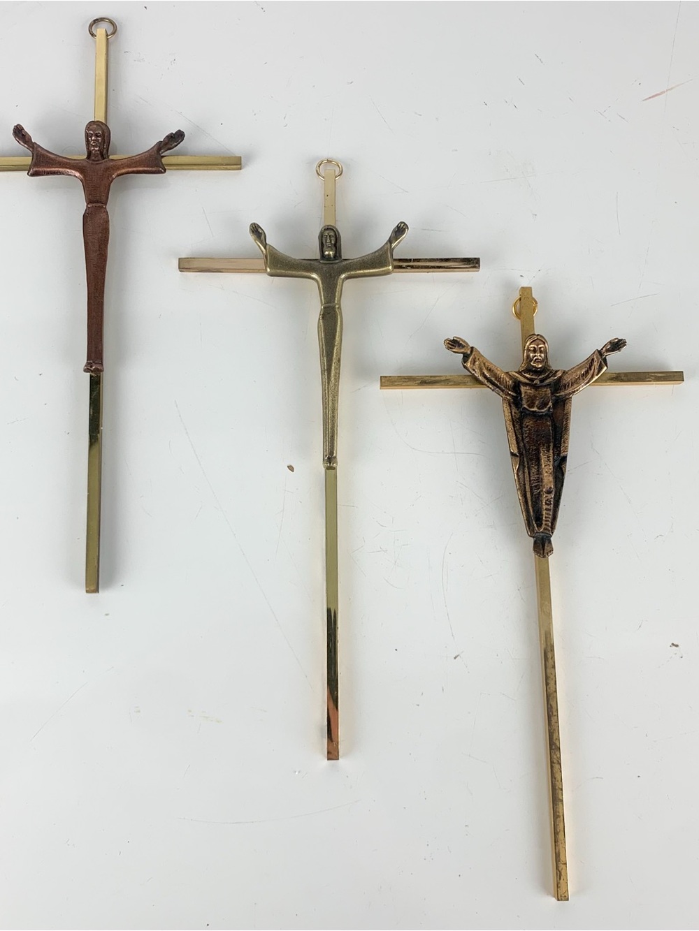 Vintage Lot 3 Crucifix Brass Metal Wall Plaque Jesus Catholic Iconography Mcm